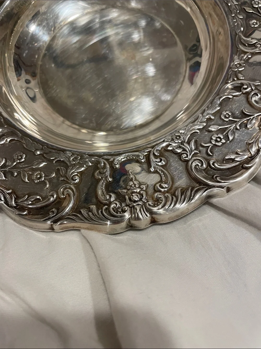 Wallace Ornate Silver Decorative Serving Bowl with Floral Scroll Rim